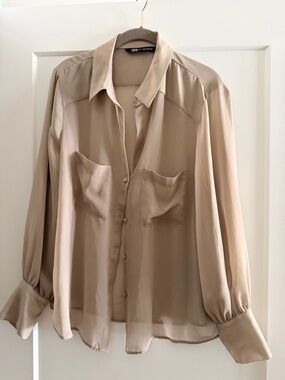 Zara Taupe Satin Button-Up Blouse